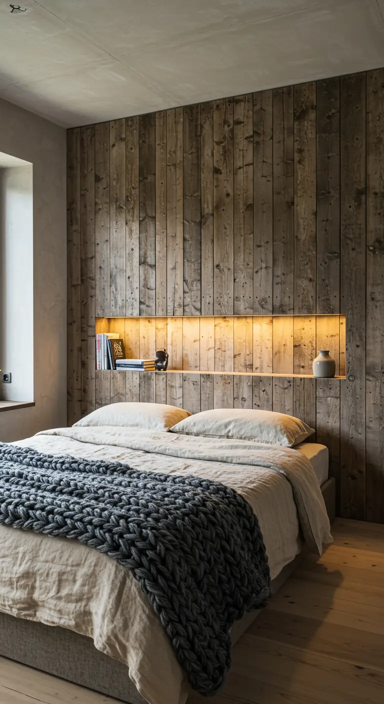 Tête de lit en bois de grange avec une niche lumineuse intégrée servant de rangement.
