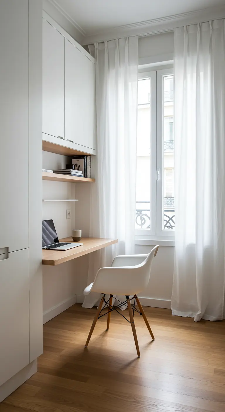 Bureau minimaliste blanc et bois intégré dans une niche près d'une fenêtre.