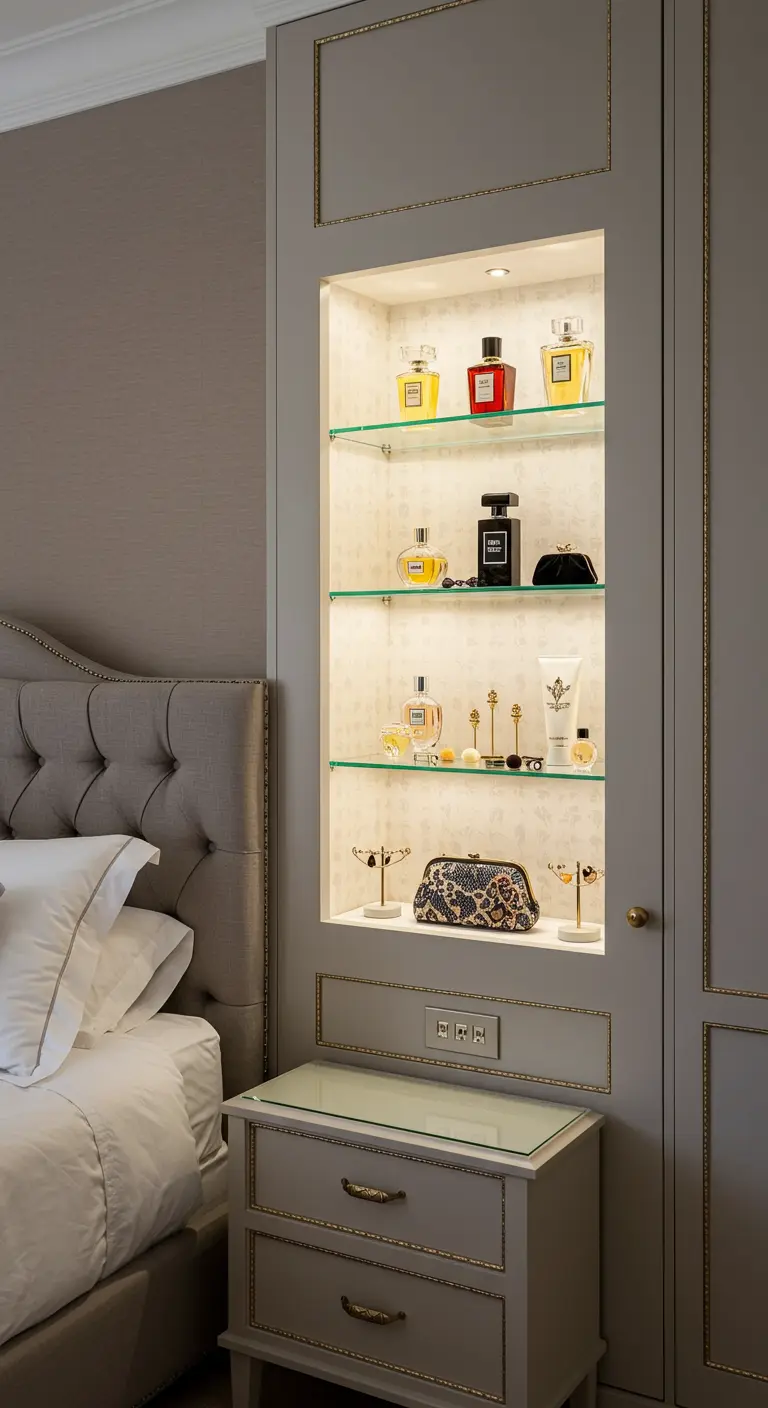 Niche éclairée intégrée dans une armoire grise, avec des étagères en verre pour parfums.