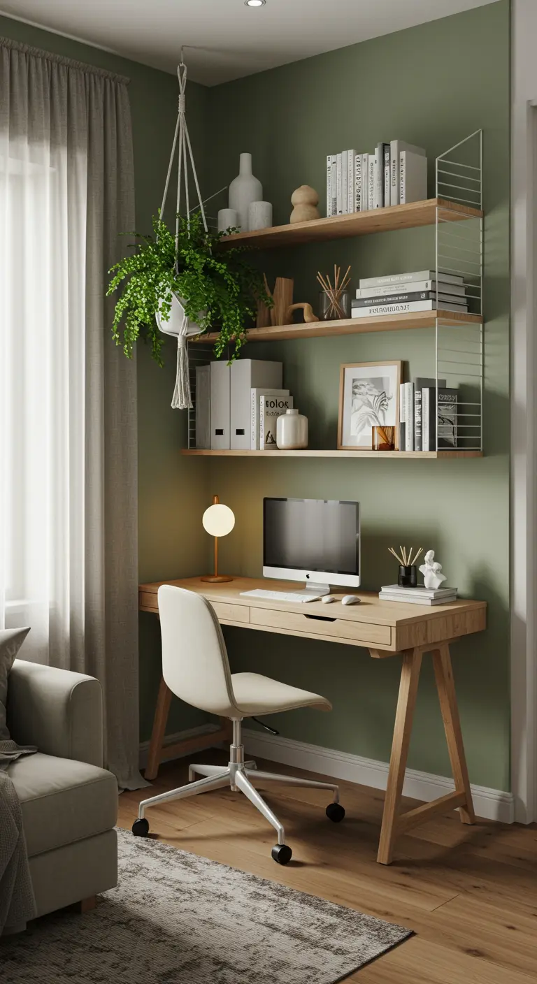 Bureau en bois clair contre un mur vert sauge avec étagères.