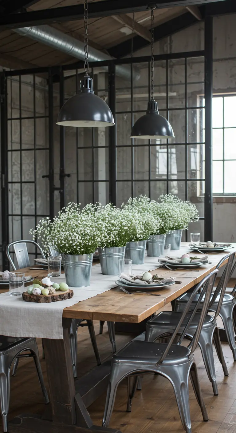 Seaux en zinc remplis de gypsophile blanc, alignés sur une table en bois de style industriel.