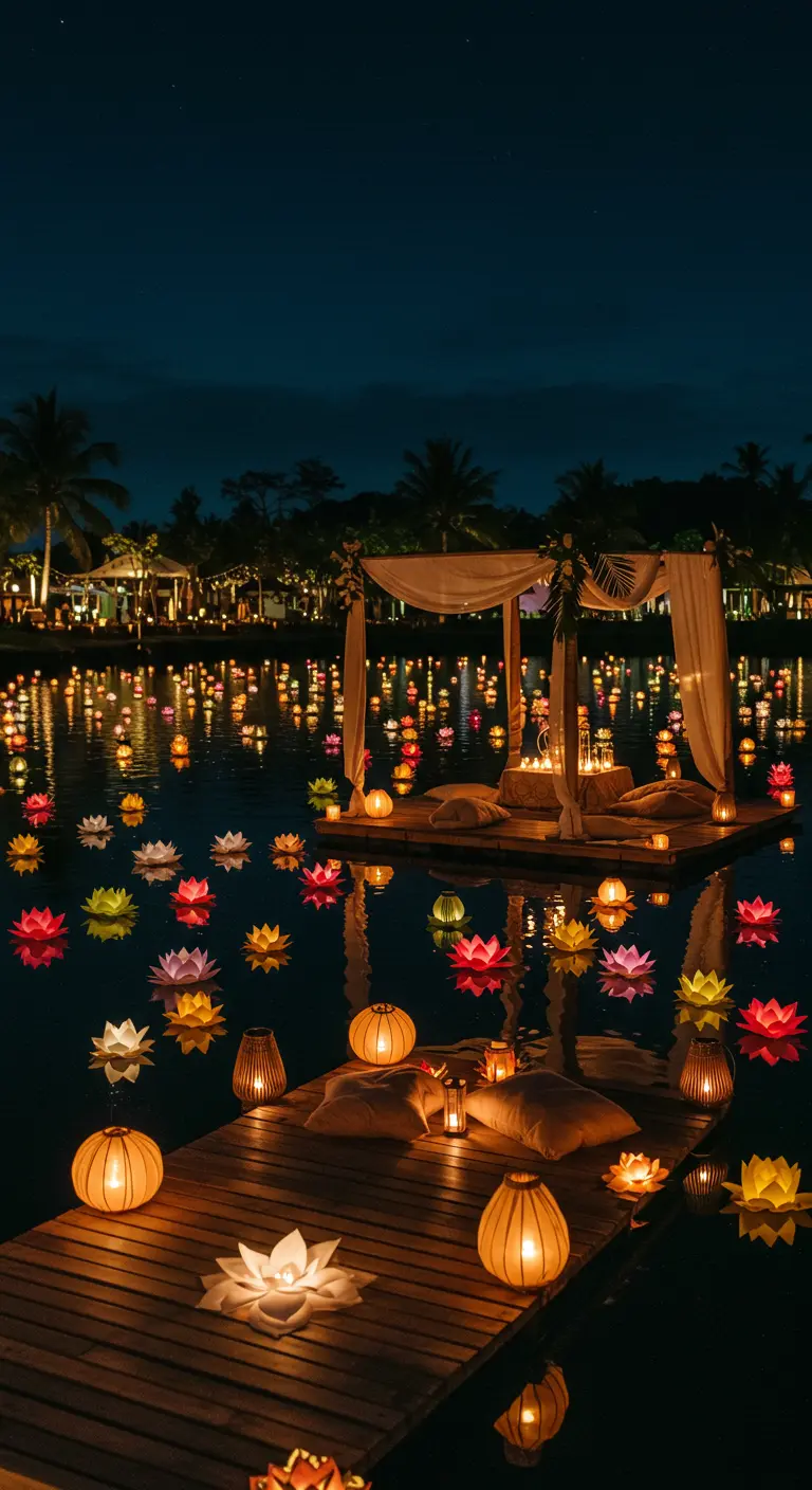 Étang la nuit, couvert de lanternes flottantes en forme de fleurs lumineuses.