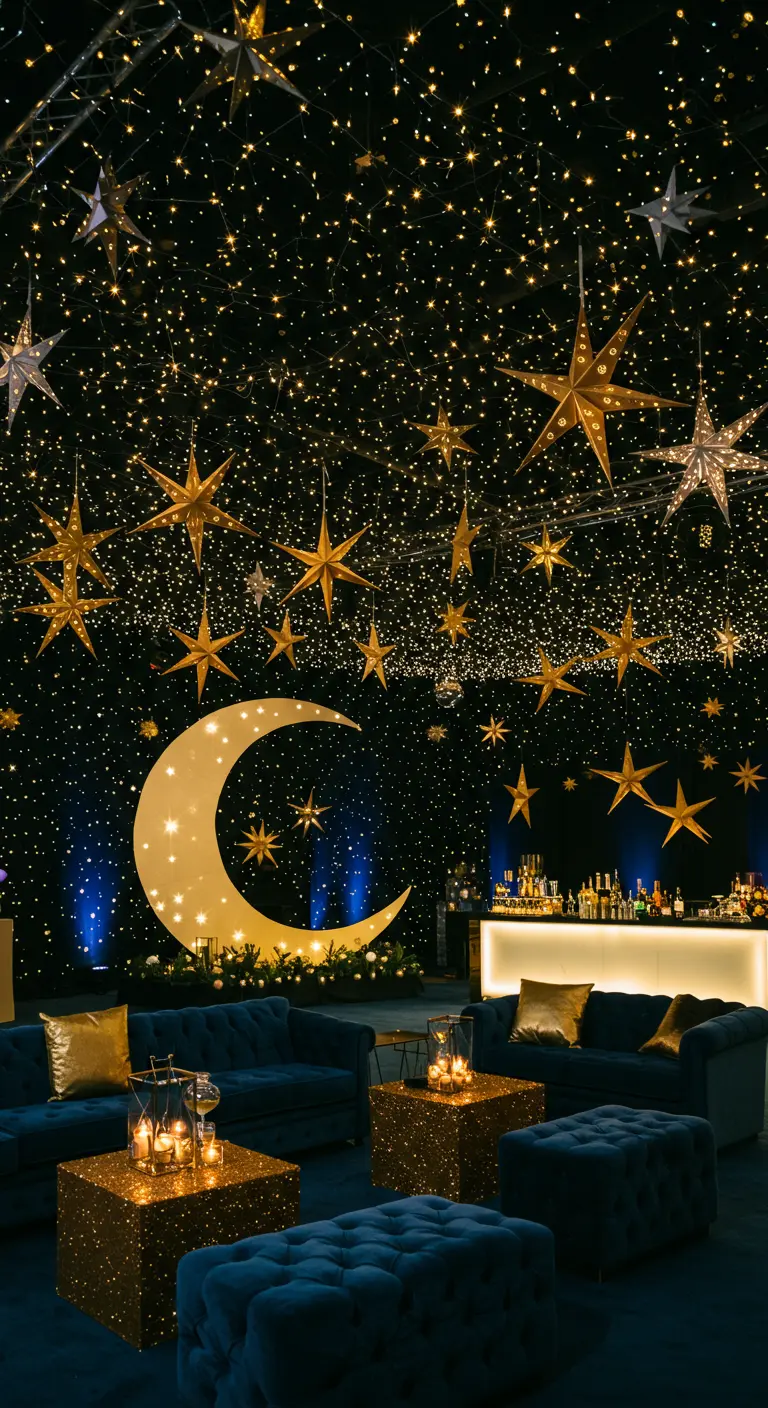 Décor de fête sur le thème de la nuit étoilée avec une lune et des étoiles suspendues.