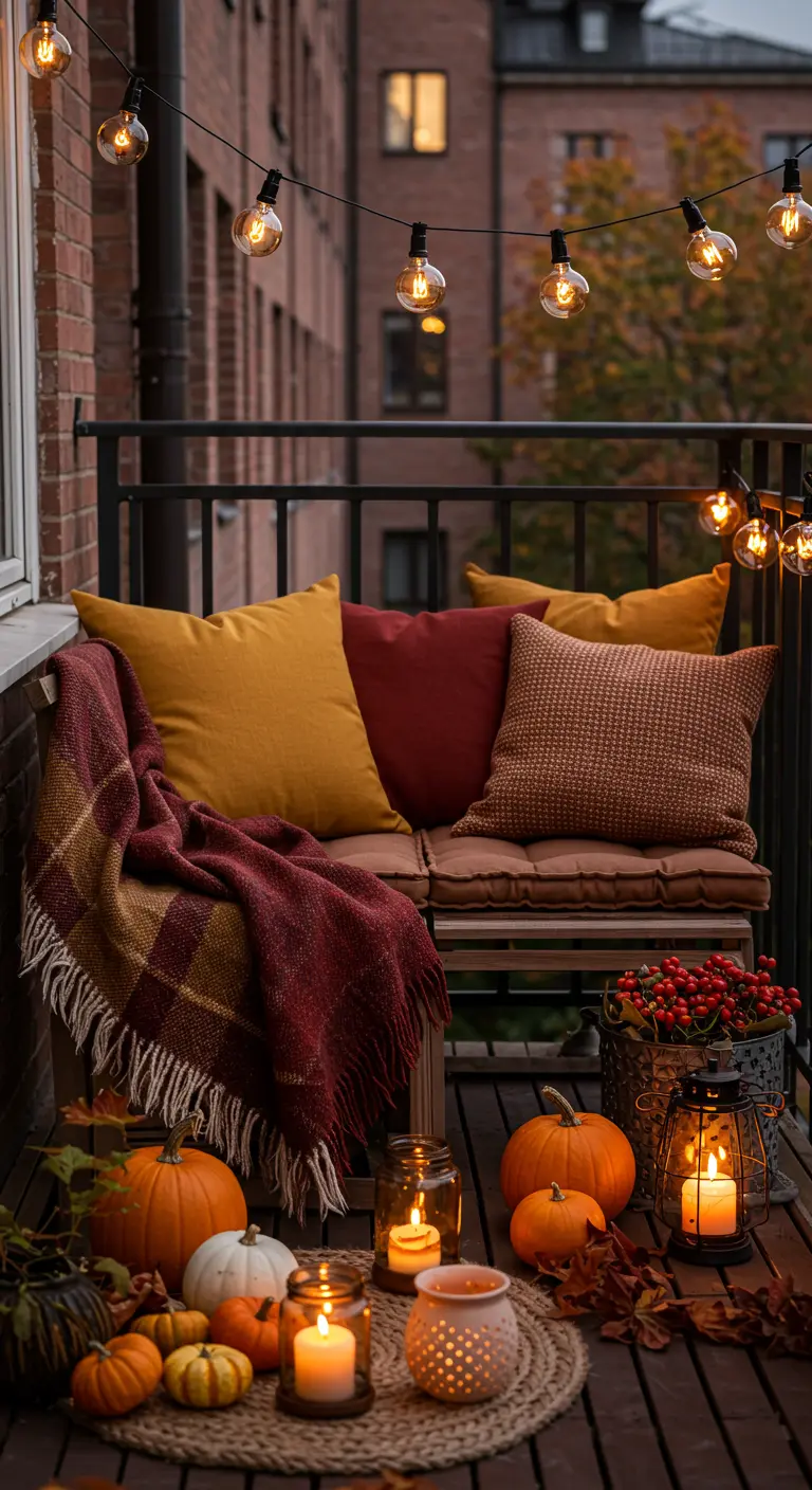 Balcon d'automne avec banc, coussins colorés, citrouilles, lanterne et guirlande lumineuse.