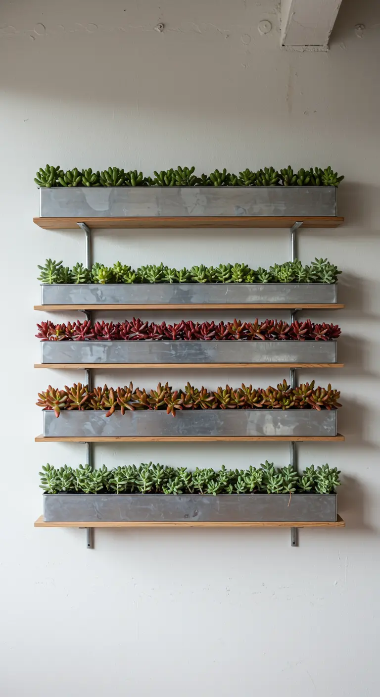 Étagères murales avec des jardinières en zinc alignées, remplies de succulentes colorées.