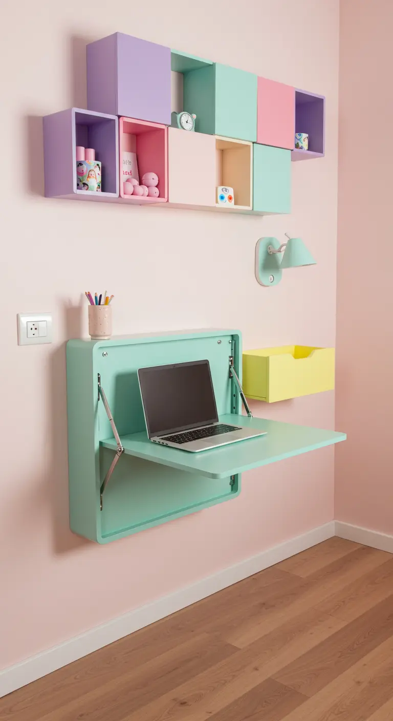 Bureau mural rabattable vert menthe avec des étagères cubiques modulaires aux couleurs pastel.