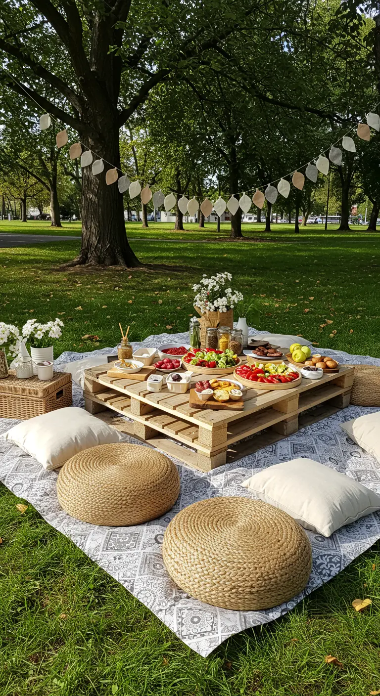 Pique-nique chic dans un parc avec une table basse en palette et des coussins.