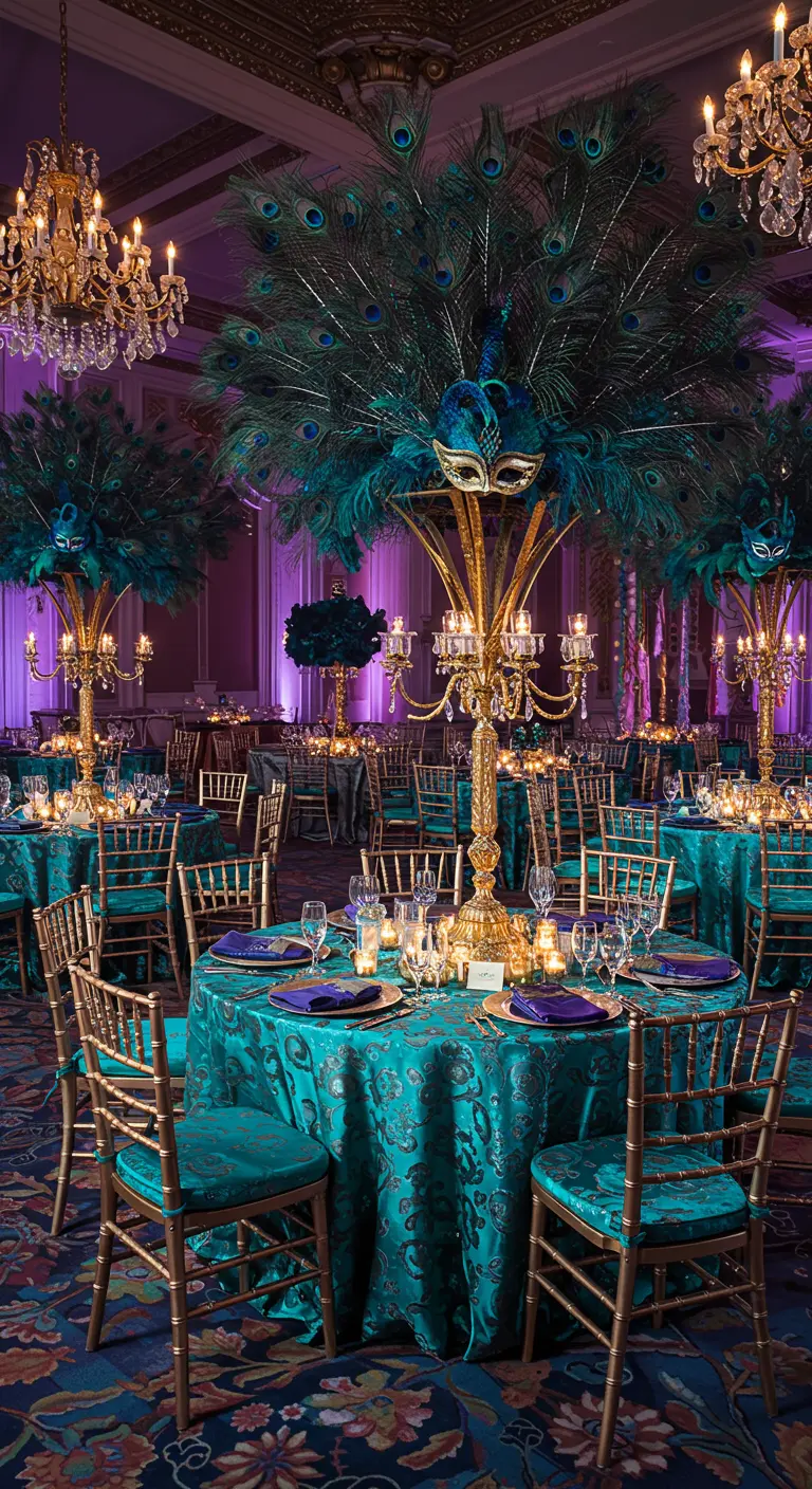 Salle de réception décorée sur le thème du paon, avec des couleurs turquoise et or.