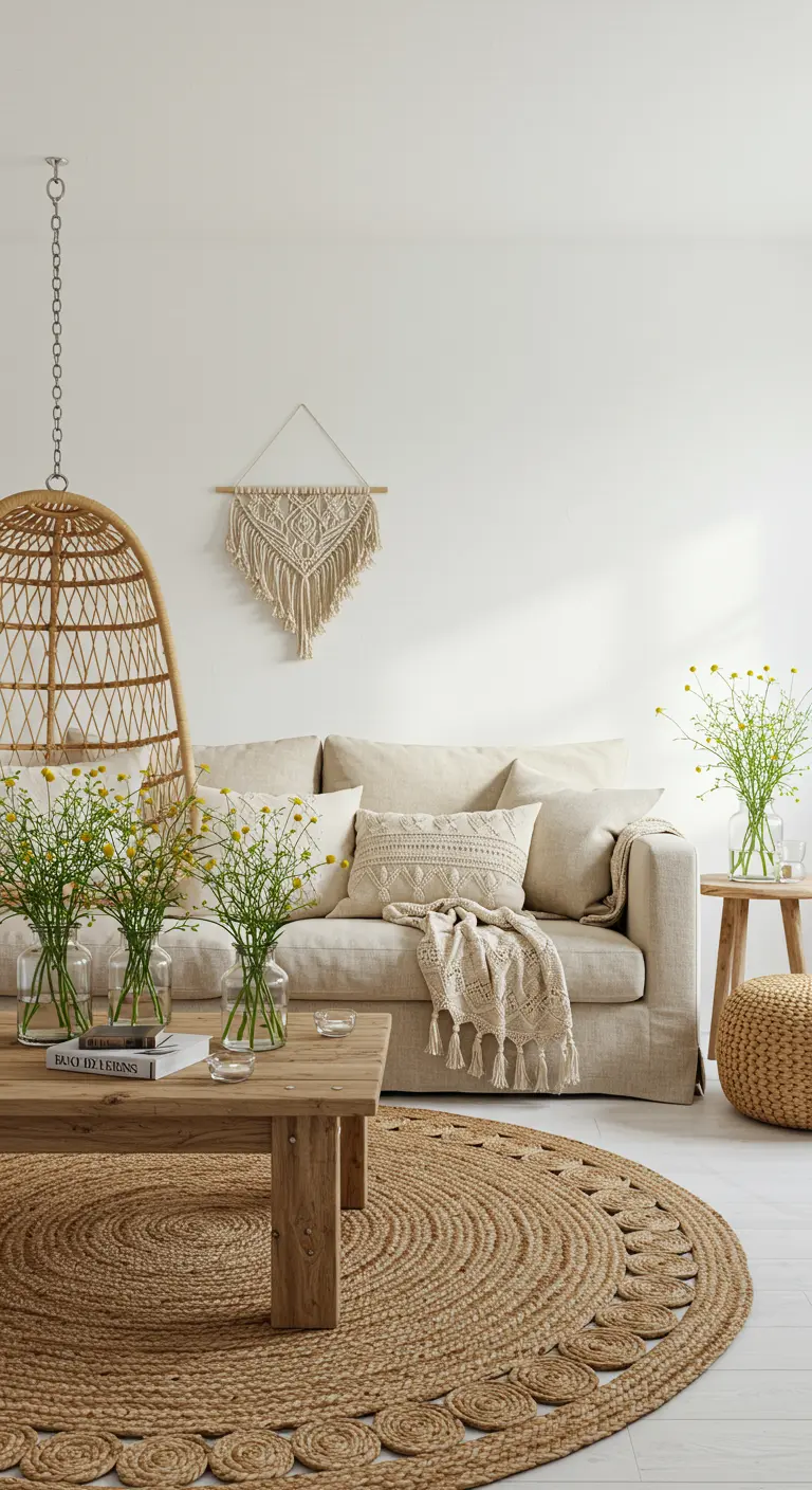 Salon de style bohème avec fauteuil suspendu en rotin et tapis de jute rond