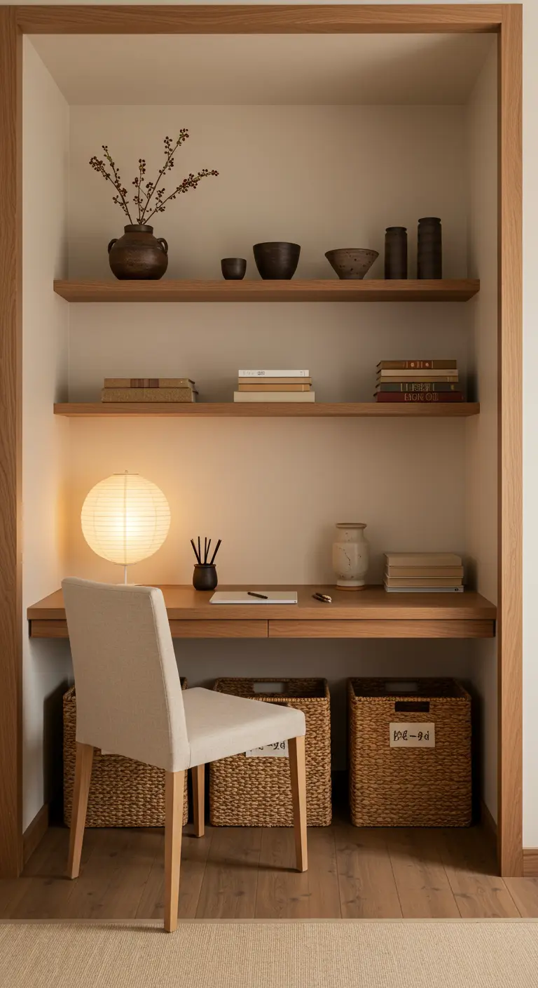 Bureau en bois clair dans une niche avec étagères flottantes et lampe en papier de riz.