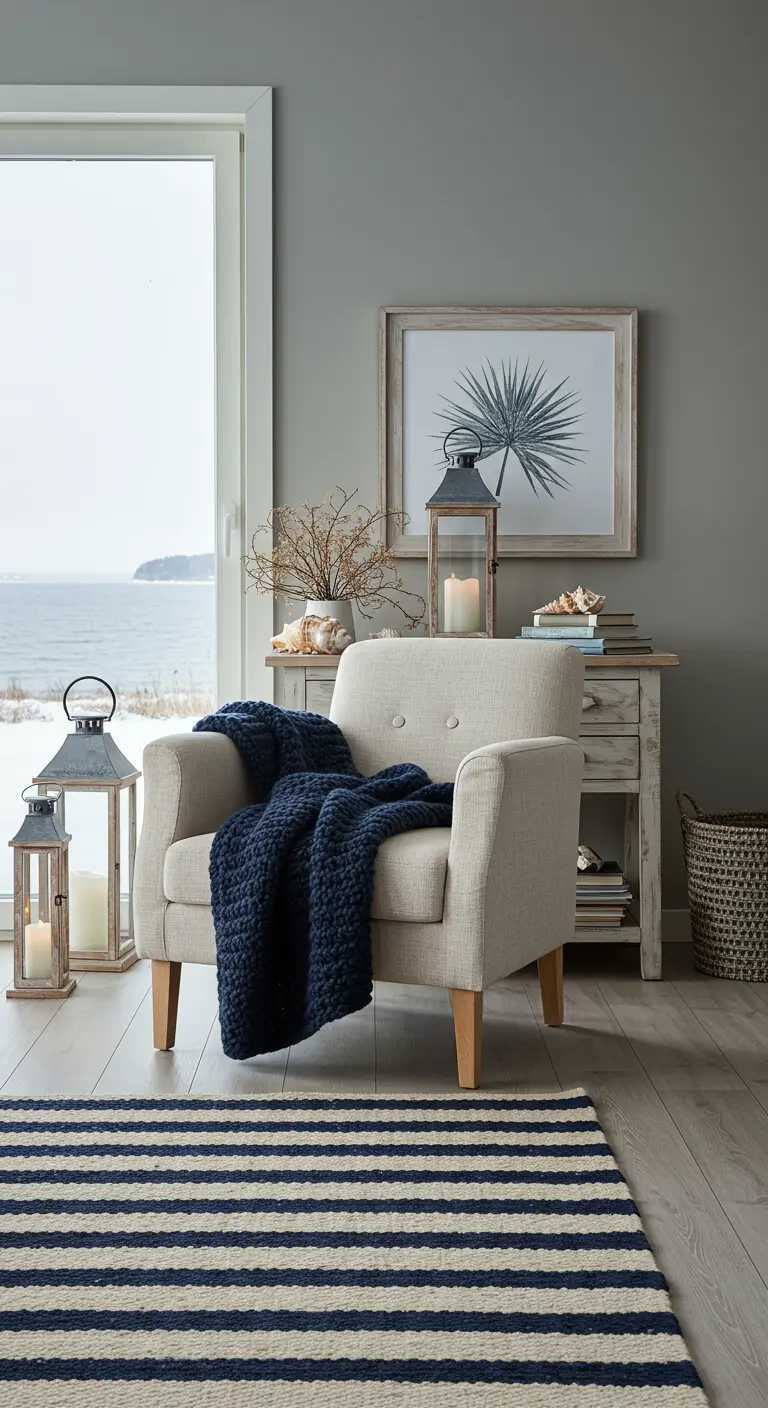Coin lecture gris et bleu marine, plaid chunky, lanternes en bois et vue sur la mer.