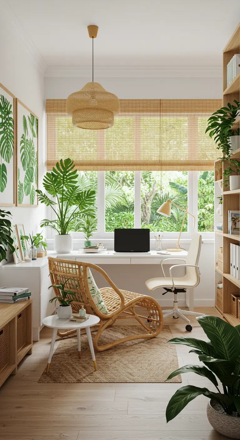 Bureau tropical lumineux avec mobilier en rotin, nombreuses plantes et stores en bambou