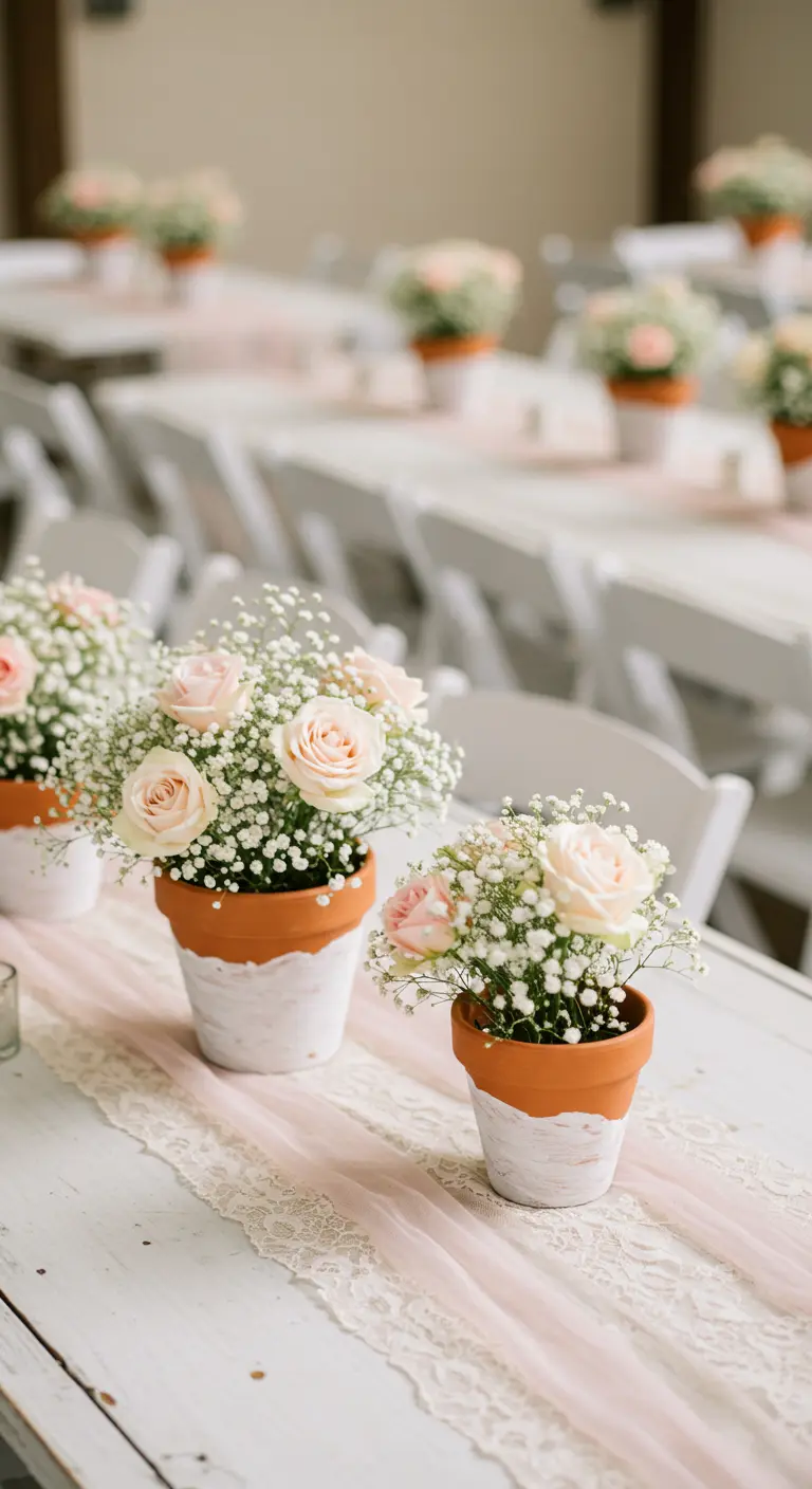 Pots en terre cuite blanchis à la chaux avec des roses pâles et du gypsophile.