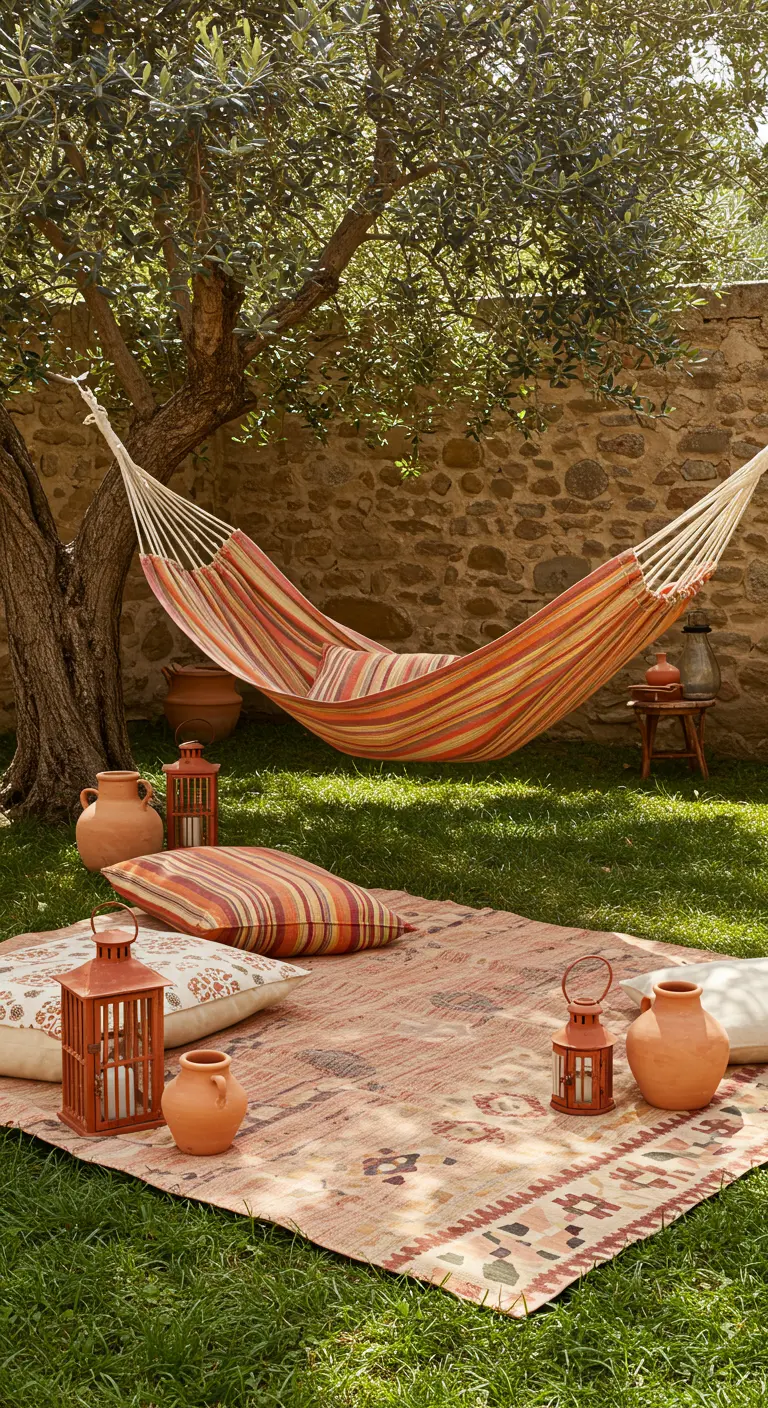 Scène de pique-nique bohème avec un hamac, un tapis au sol, des coussins et des lanternes.