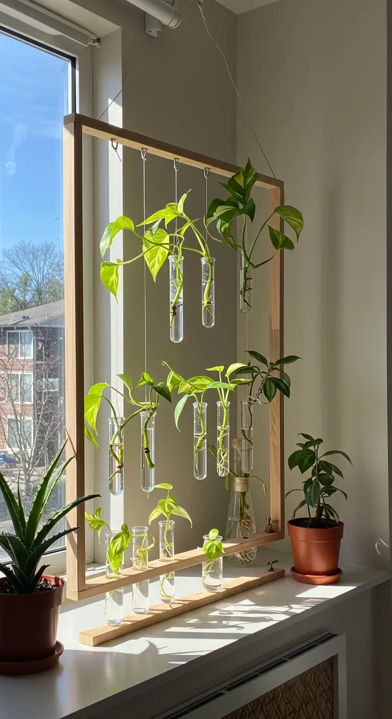 Cadre en bois suspendu avec des éprouvettes en verre pour la propagation des plantes.