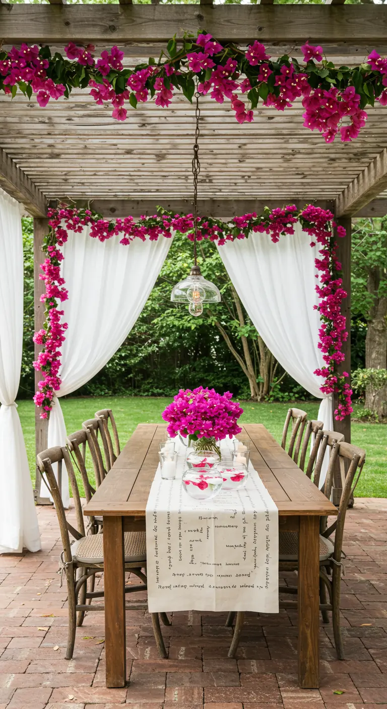 Pergola en bois décorée de fleurs de bougainvillier et de rideaux blancs pour un dîner.