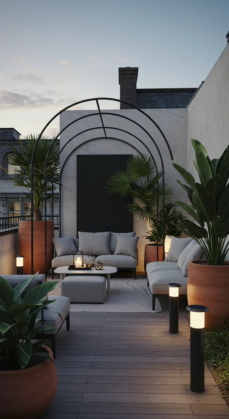 Terrasse moderne avec une arche métallique noire et de grandes plantes en pot.