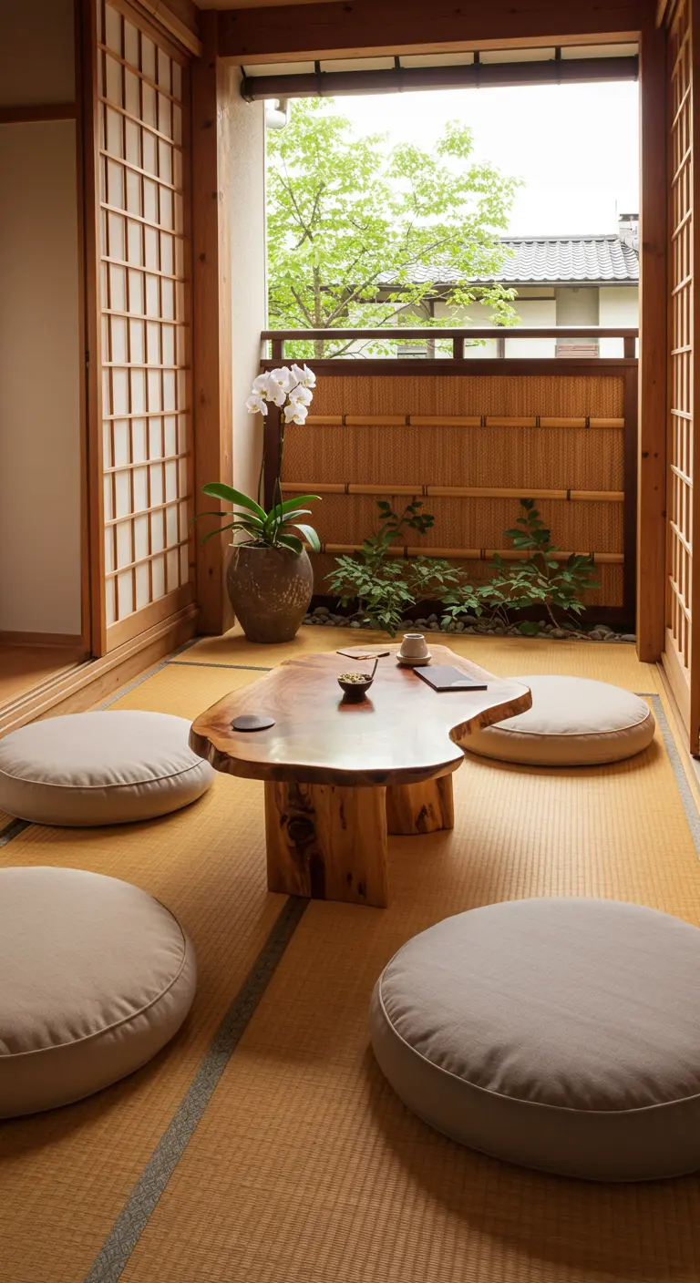 Espace de vie de style japonais avec tatamis, table basse en bois et coussins de sol.