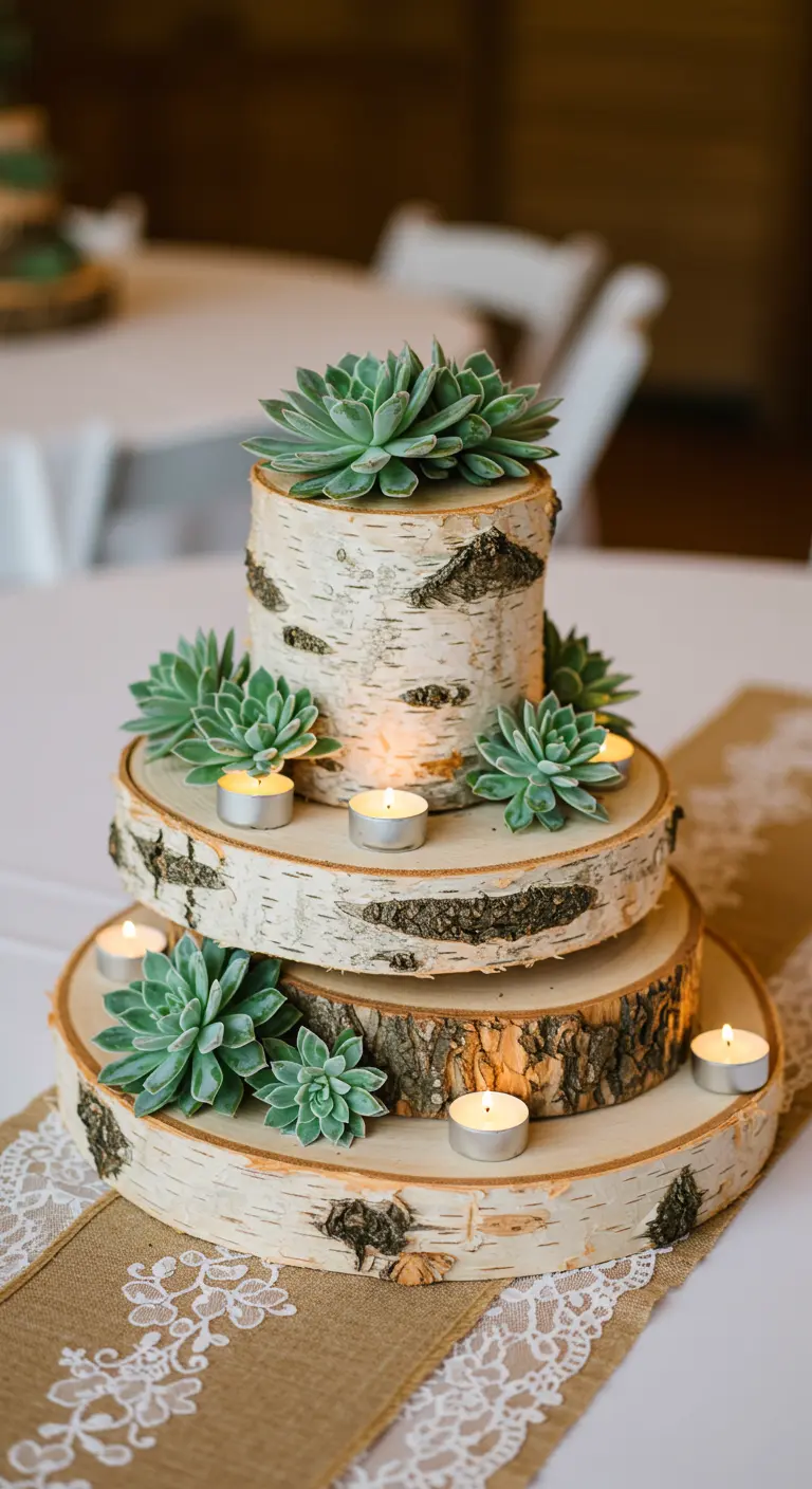 Centre de table étagé en rondins de bouleau avec succulentes.