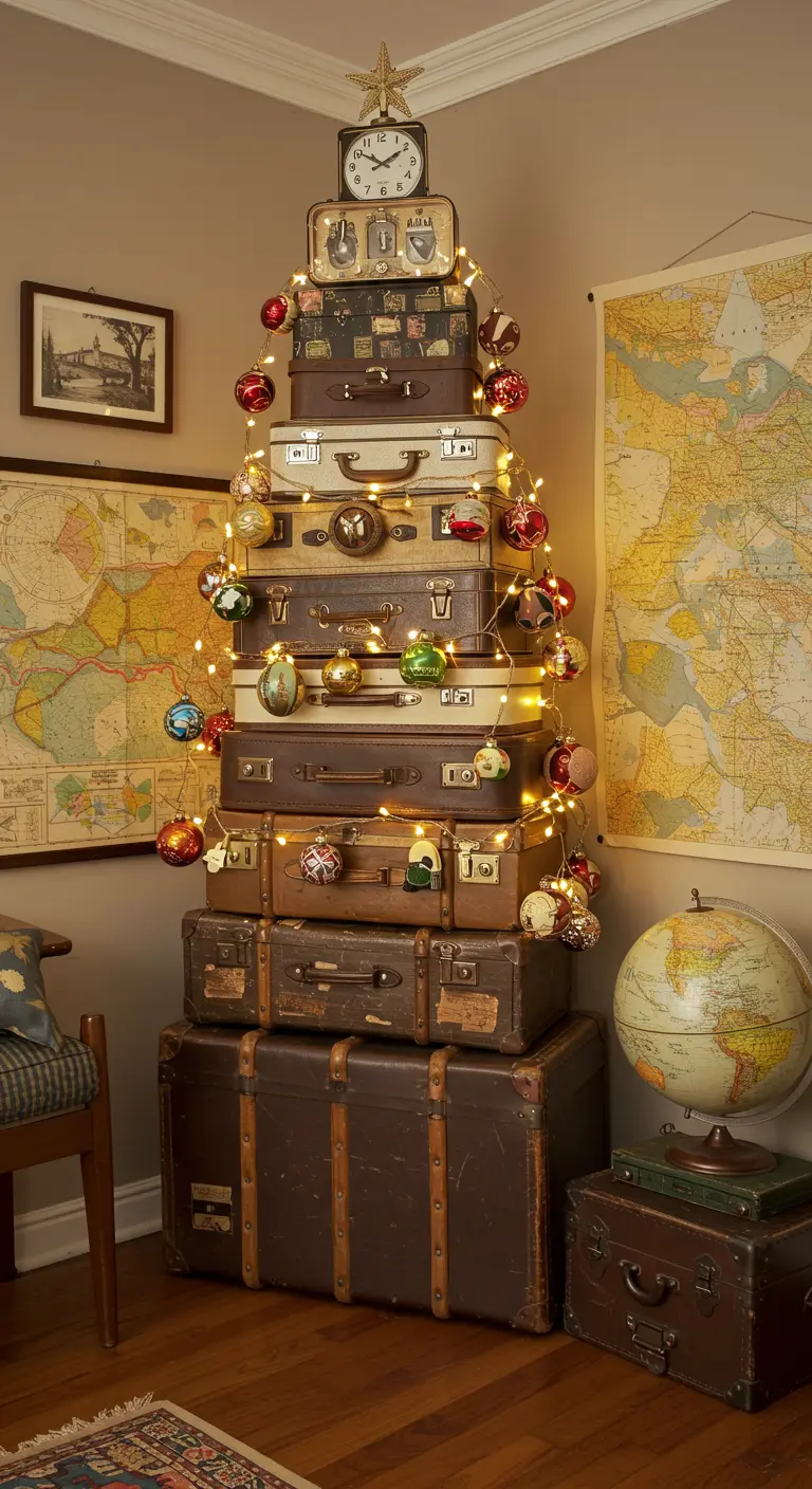 Sapin de Noël original fait d'une pile de valises vintage, décoré de boules et de lumières.