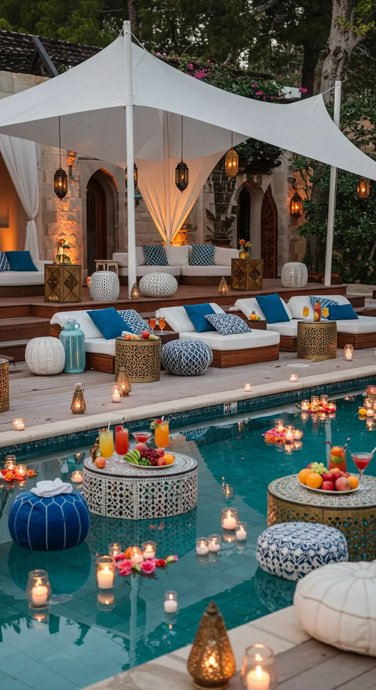 Bord de piscine avec mobilier lounge, poufs et bougies flottantes dans l'eau.