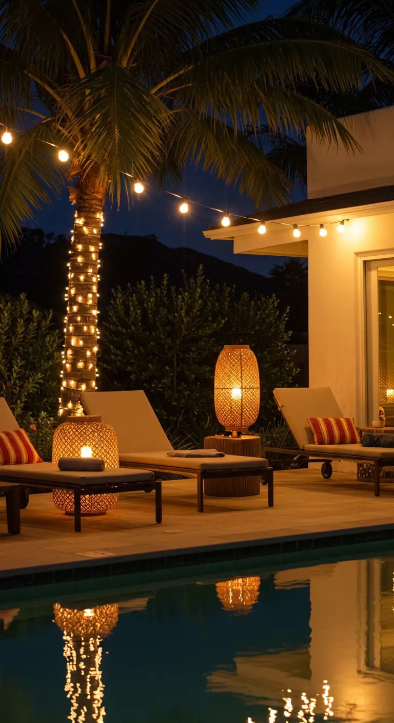 Bord de piscine la nuit avec un palmier illuminé et de grandes lanternes tressées.
