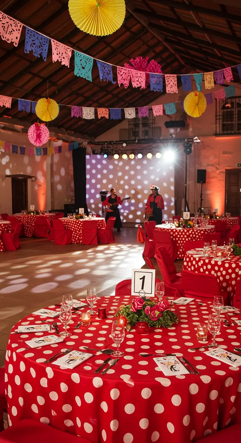 Salle de fête avec des tables à nappes à pois rouges et une piste de danse.