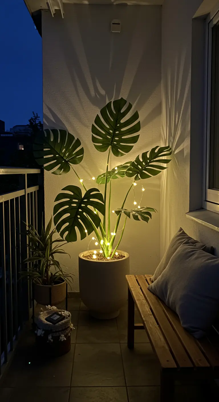Grande plante Monstera dans un pot, illuminée par une fine guirlande lumineuse.