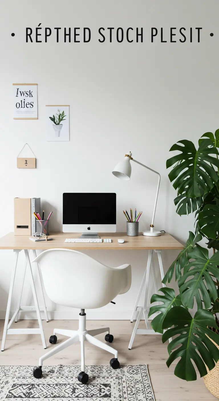Grand Monstera à côté d'un bureau scandinave avec un ordinateur et une lampe blanche
