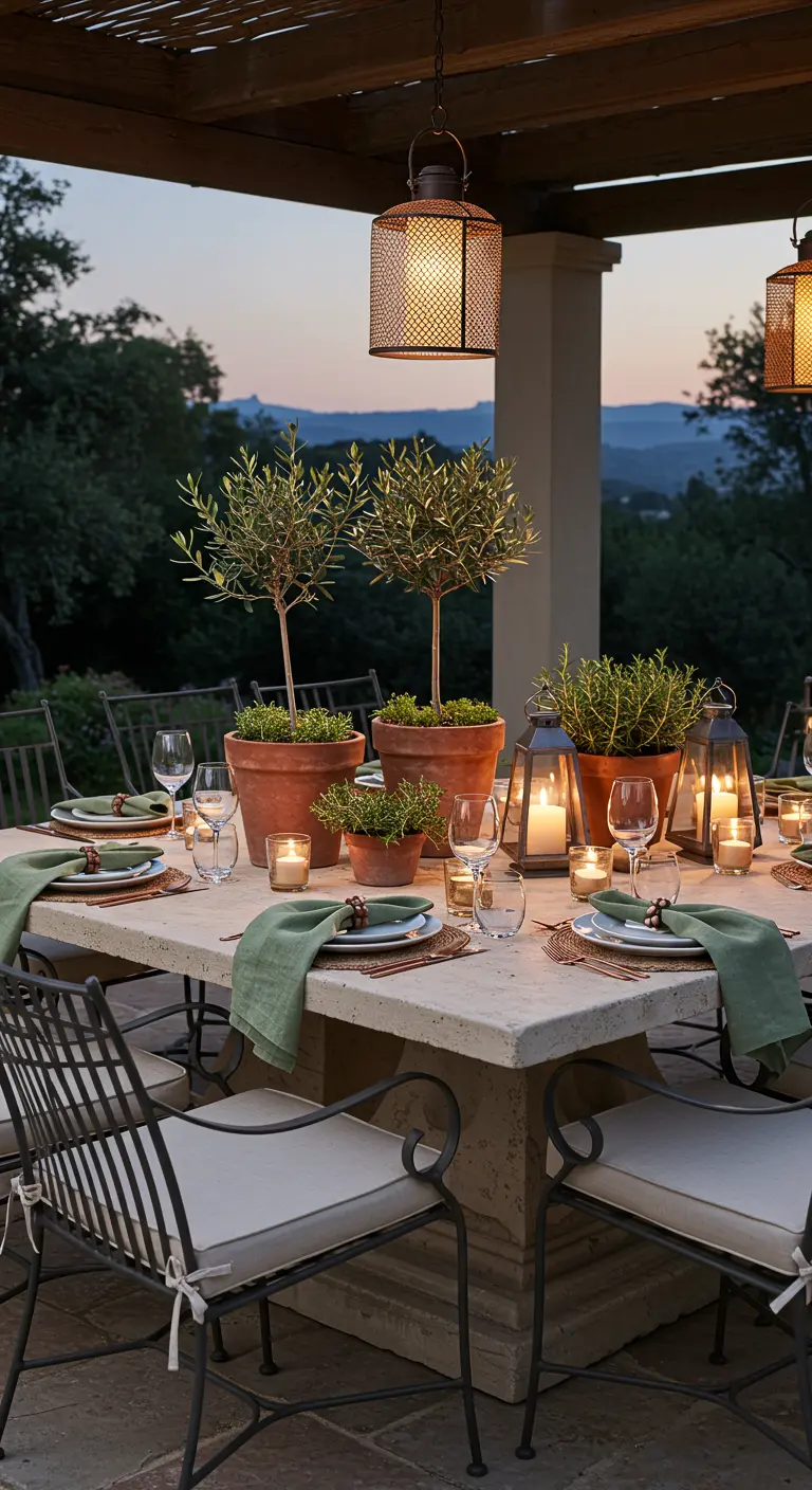 Table extérieure en pierre avec oliviers en pot, lanternes et serviettes vert sauge.