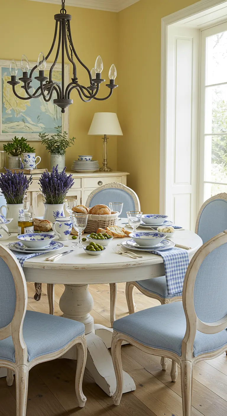 Salle à manger style campagne avec table ronde blanche, chaises bleues et lavande en centre de table.