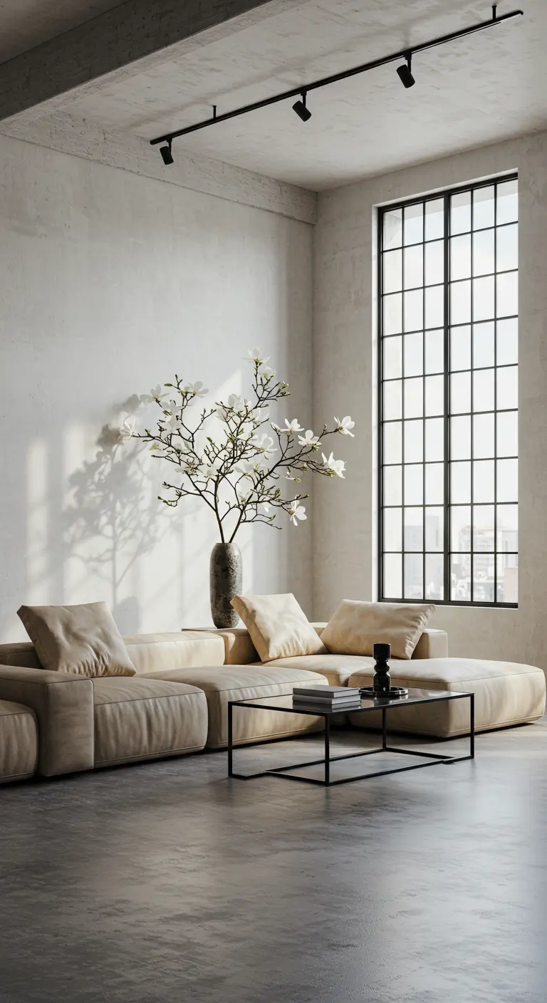 Loft industriel avec canapé beige et une grande branche de magnolia en fleurs