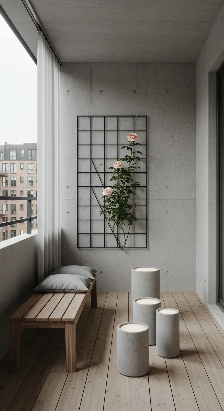 Balcon minimaliste en béton avec une seule rose grimpant sur un treillis mural noir.