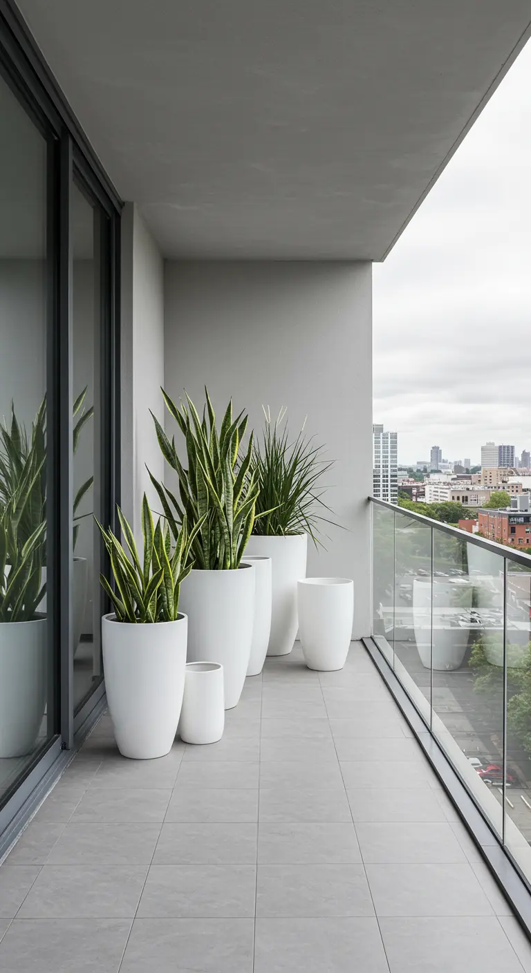 Pots blancs minimalistes de différentes tailles avec des sansevierias.