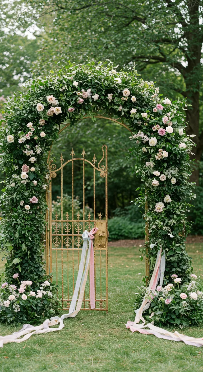 Porte de jardin en fer forgé intégrée dans une arche luxuriante de lierre et de roses.