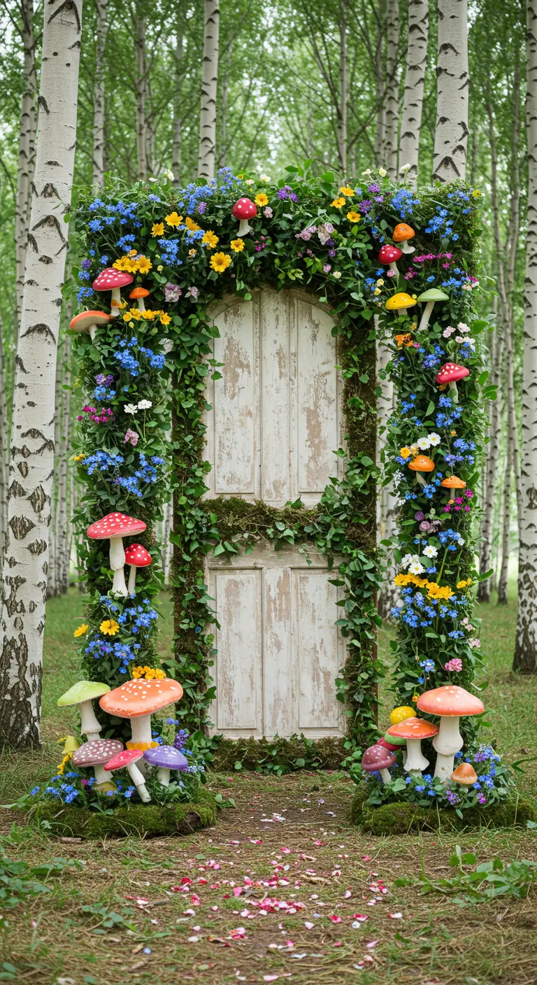 Une porte blanche dans la forêt, encadrée de fleurs et de champignons colorés.