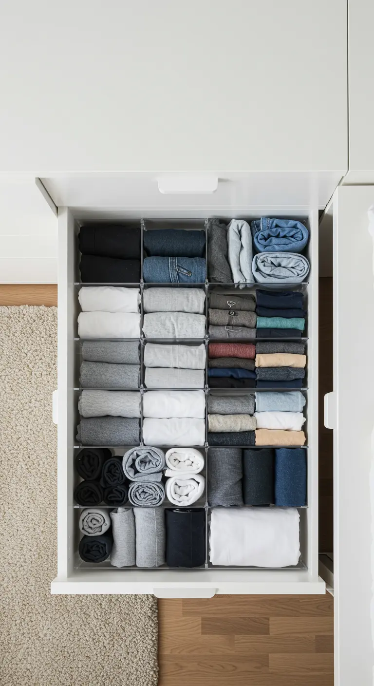 Tiroir blanc ouvert, parfaitement organisé avec des vêtements pliés à la verticale.
