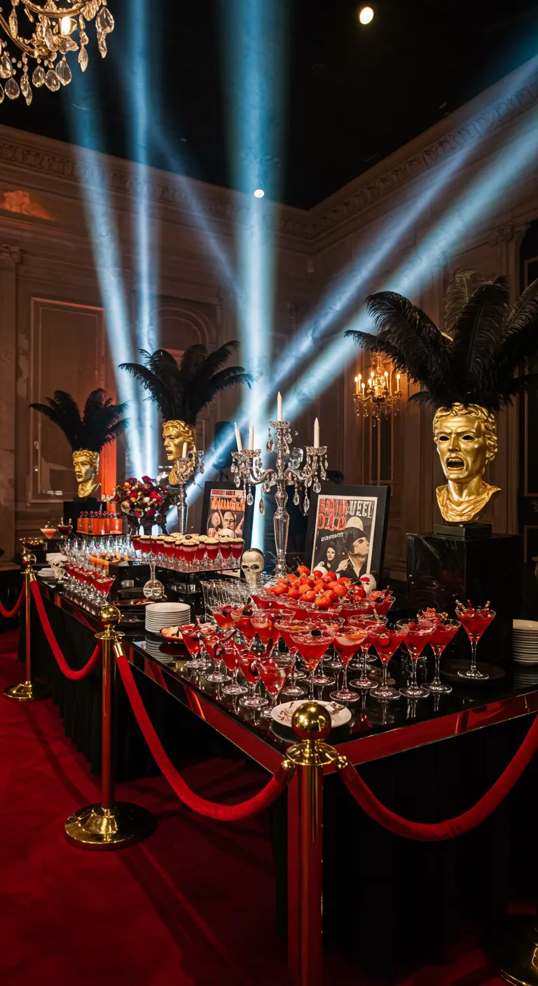 Buffet d'Halloween glamour, tapis rouge, projecteurs, bustes dorés masqués.