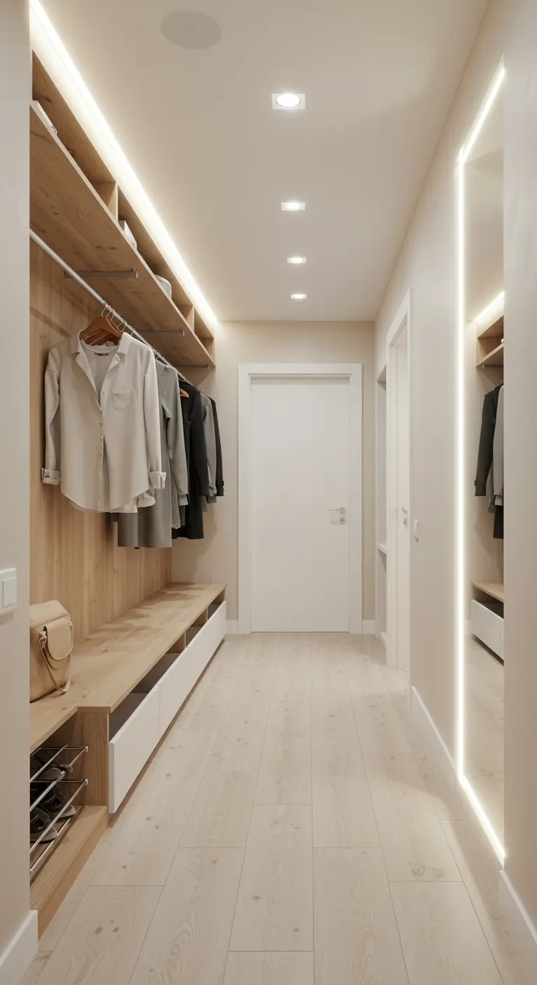 Dressing couloir en bois clair avec éclairage LED, étagères et banquette de rangement.