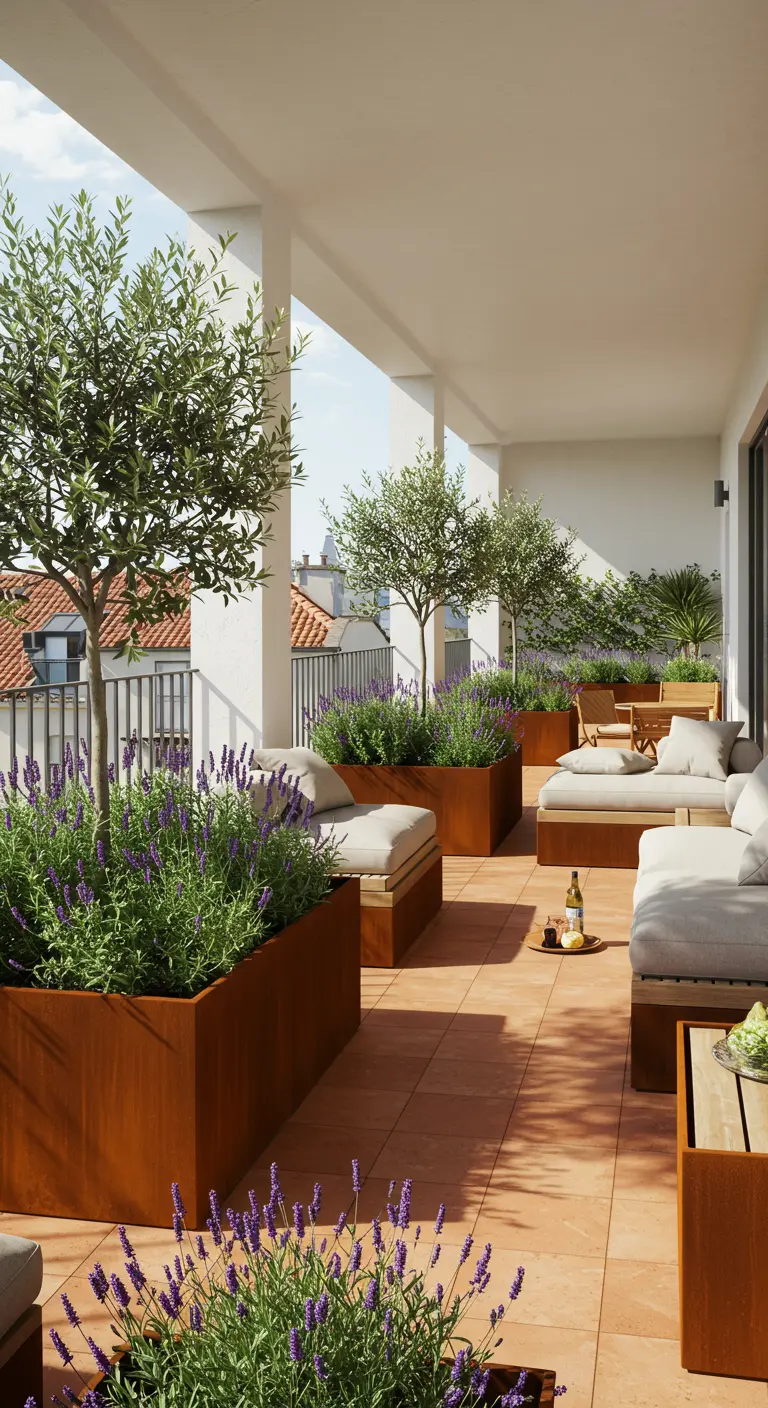 Terrasse avec de grandes jardinières en acier Corten, oliviers et lavande.