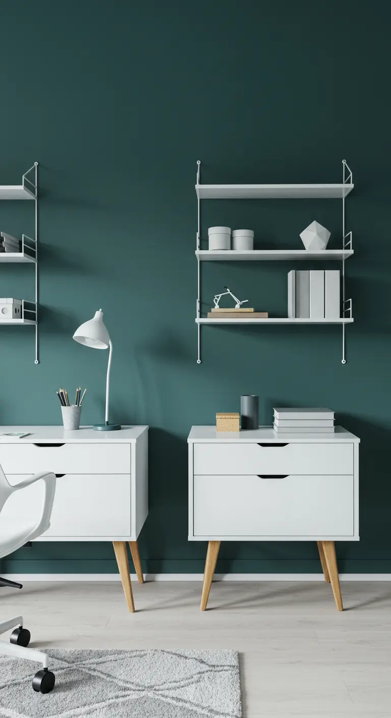 Deux modules de bureau blancs devant un mur peint en vert forêt profond.