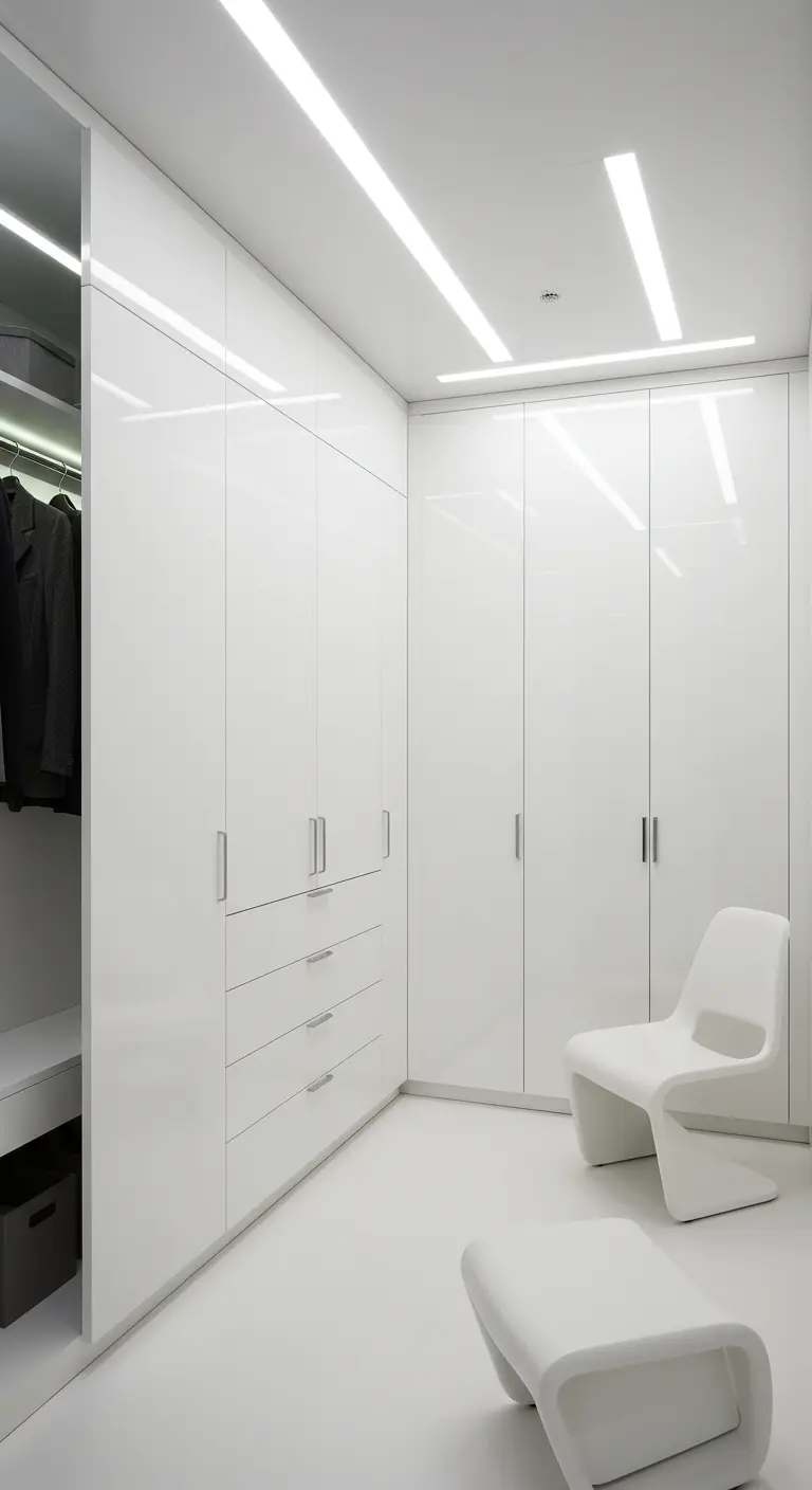 Dressing d'angle entièrement blanc et laqué, avec un design minimaliste et épuré.