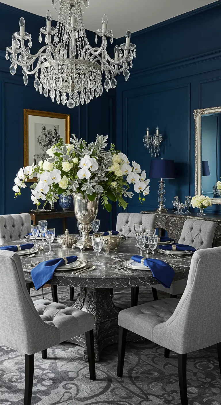 Salle à manger élégante aux murs bleus, avec une table ronde en marbre et un chandelier en cristal.