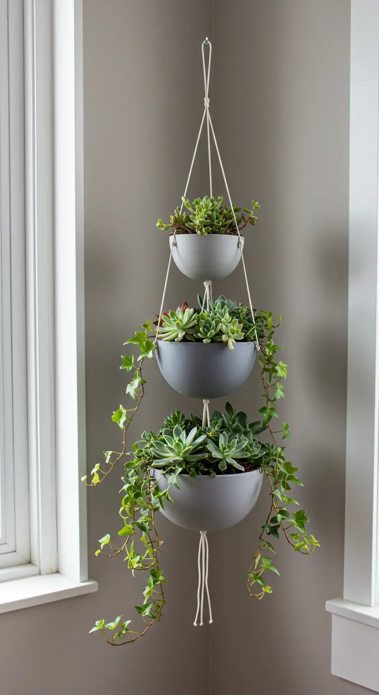 Suspension à trois niveaux avec des pots gris contenant des succulentes et du lierre.