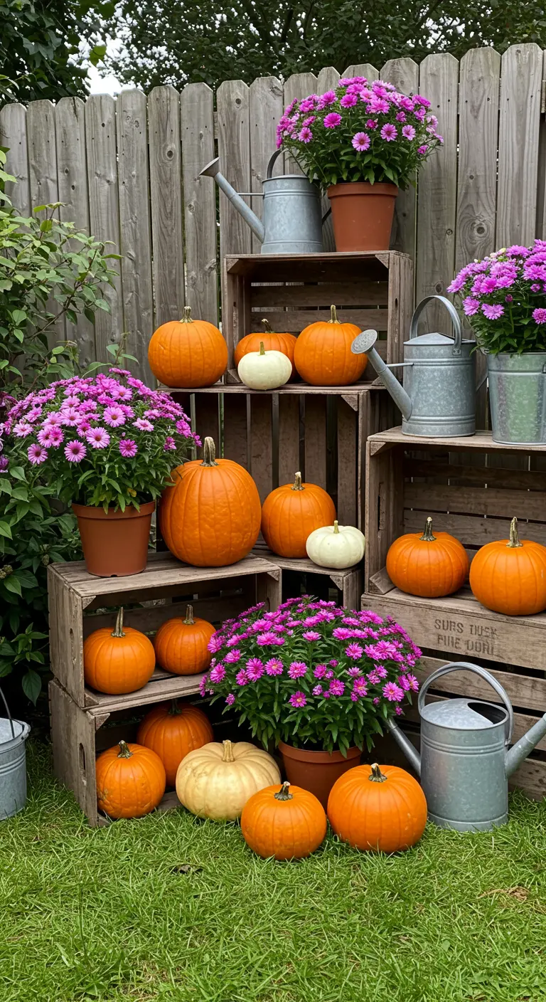 Des caisses en bois empilées avec des citrouilles et des asters violets.