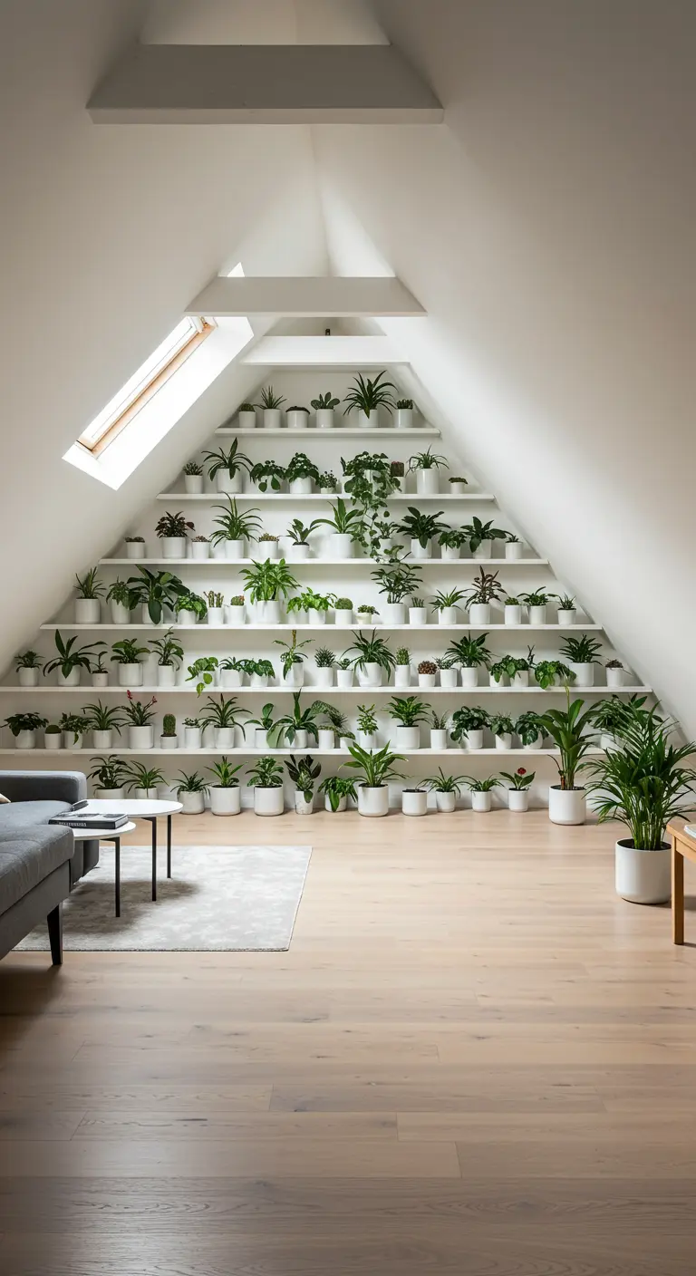 Des étagères blanches en forme de pyramide dans un grenier, remplies d'une vaste collection de plantes vertes.