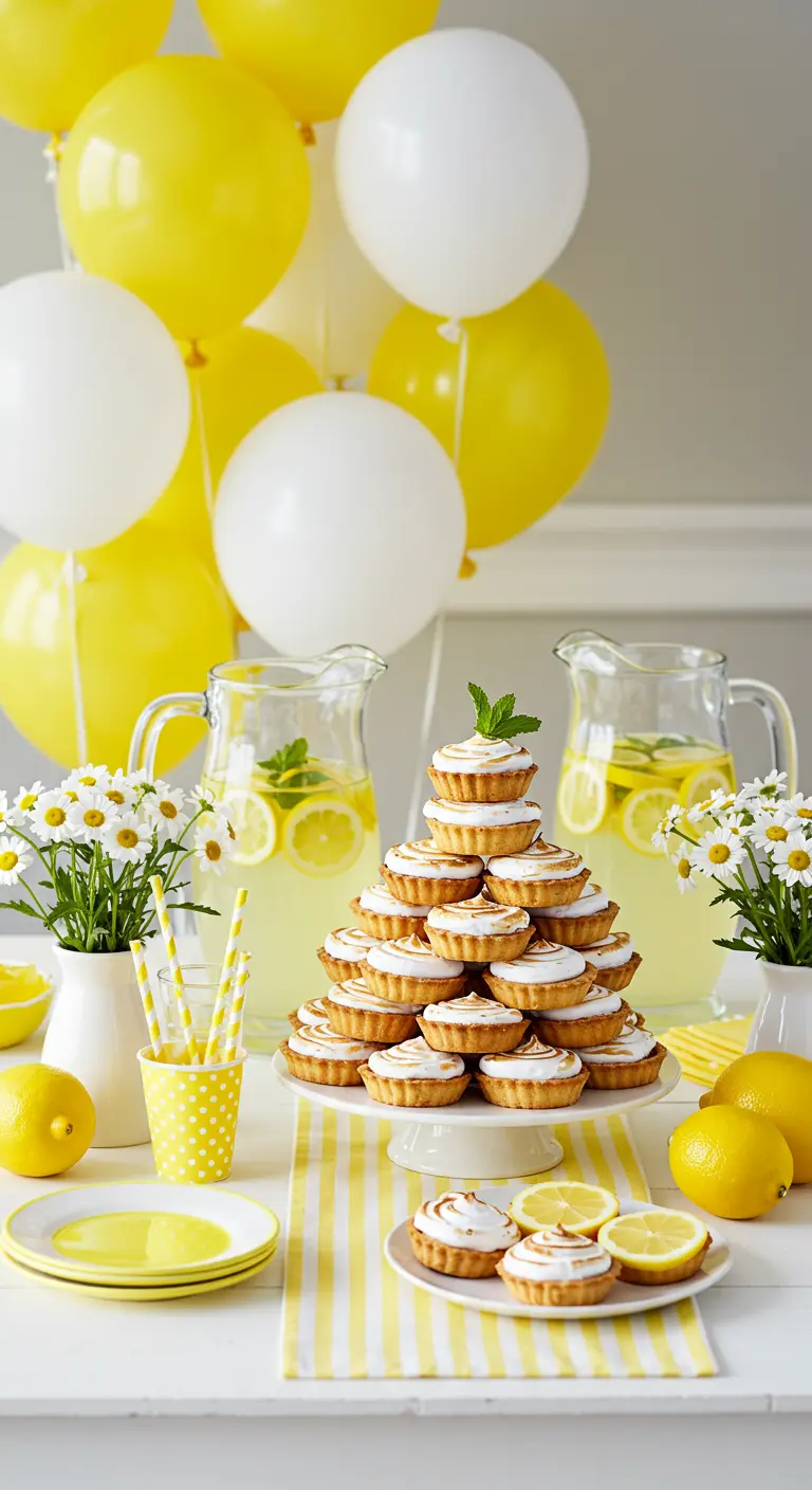 Table de fête jaune et blanche avec une pyramide de tartelettes au citron.