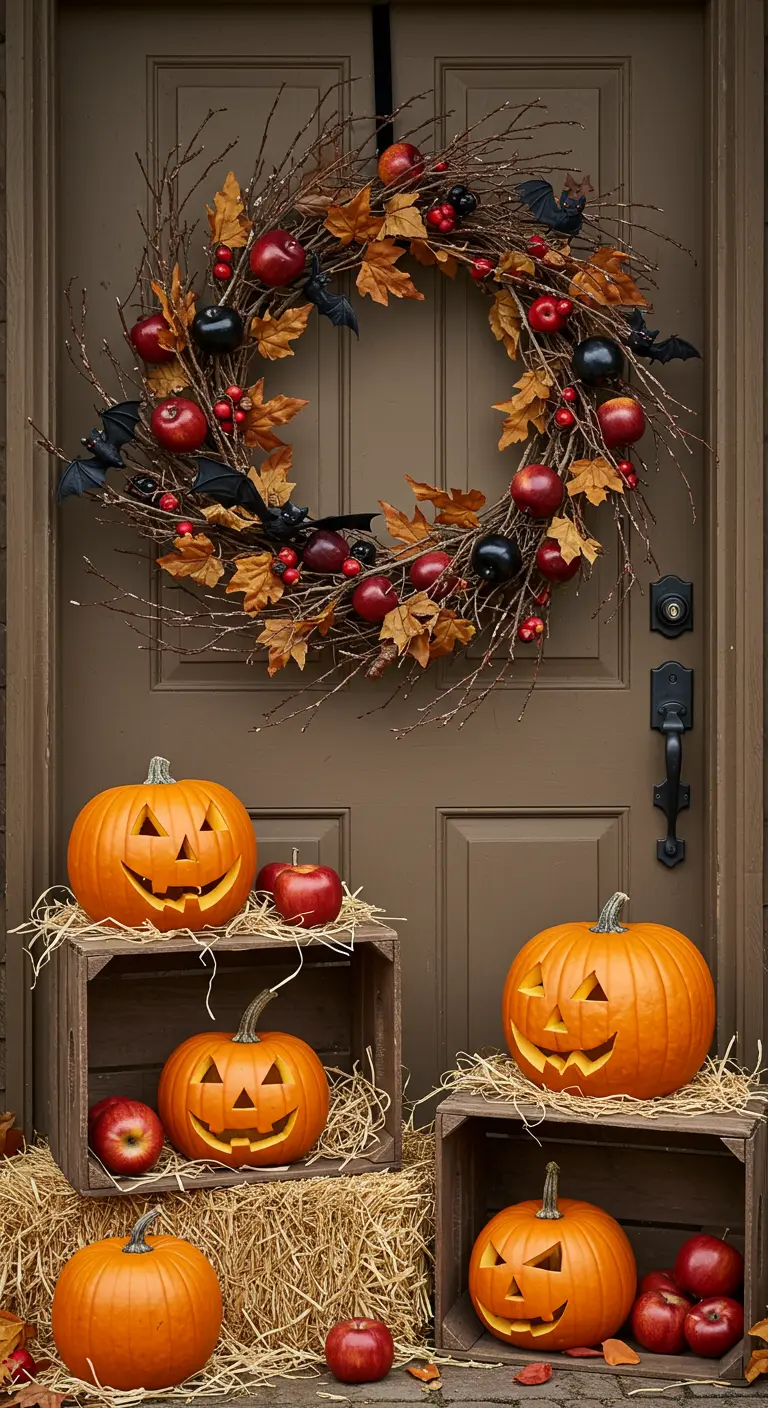 Couronne d'automne avec des pommes et des citrouilles dans des caisses en bois.