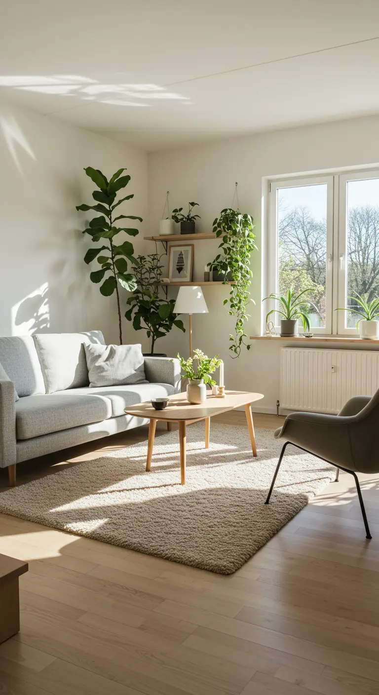 Salon scandinave lumineux avec canapé gris, plantes vertes et tapis beige.