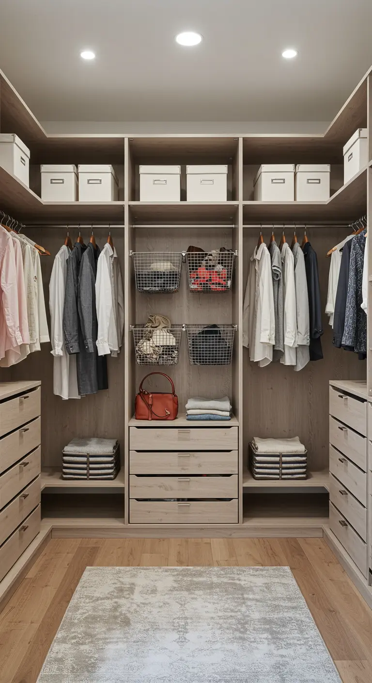 Dressing en bois clair avec des paniers métalliques grillagés suspendus au centre.